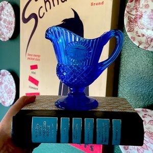 Vintage Avon Blue Glass Mount Vernon Cameo Creamer Pitcher  Footed 5 1/2" tall